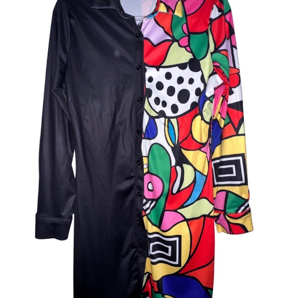 Geo Print Contrast Shirt Dress, Casual Button Front Long Sleeve Dress - Picture 6 of 6